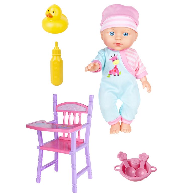 Muñeca Con Silla De Comer Y Accesorios