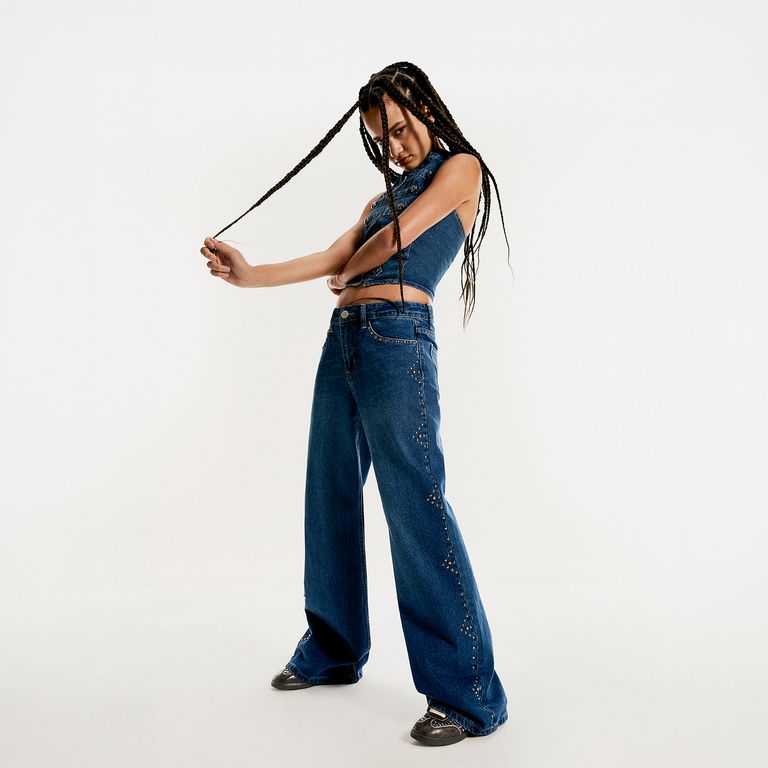 Jeans Tachas Wide Leg Tiro Alto Mujer