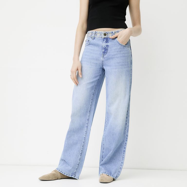 Jeans Bordado Wide Leg Mujer