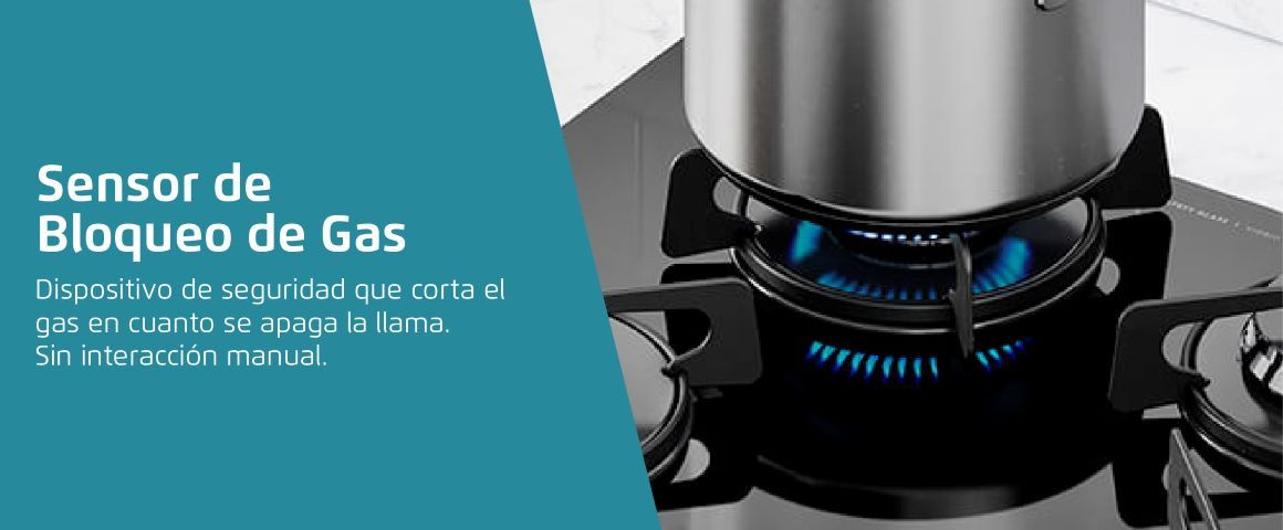 Sensor de Bloqueo de Gas. Dispositivo de seguridad que corta el gas en cuanto se apaga la llama. Sin interacción manual.