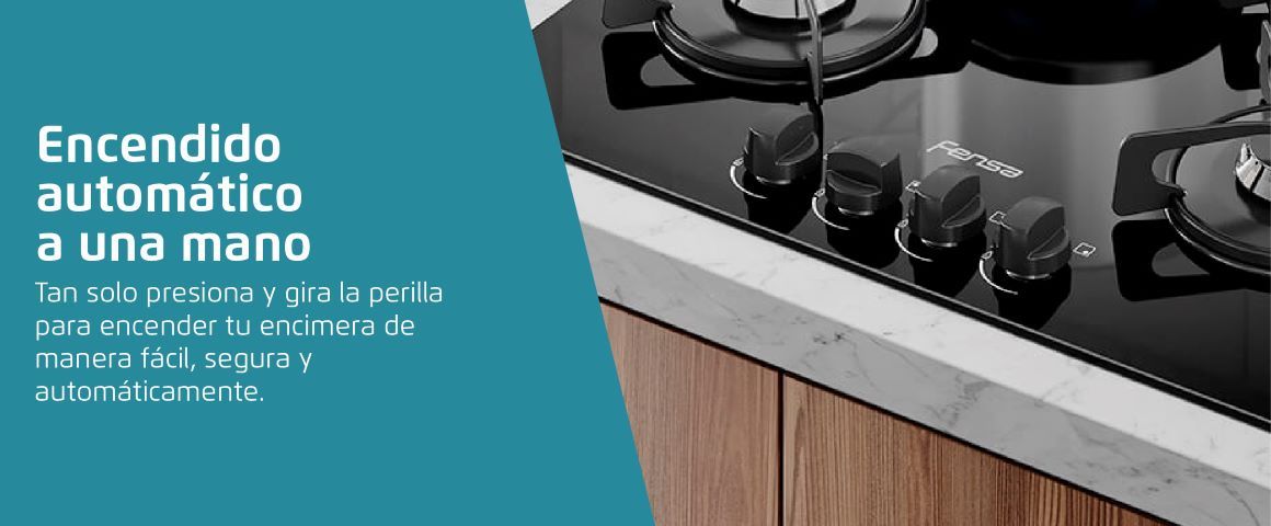 Encendido automático a una mano. Tan solo presiona y gira la perilla para encender tu encimera de manera fácil, segura y automáticamente.