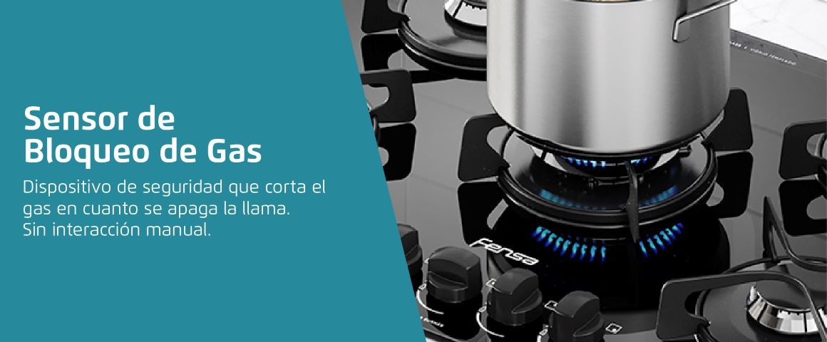 Sensor de Bloqueo de Gas. Dispositivo de seguridad que corta el gas en cuanto se apaga la llama. Sin interacción manual.
