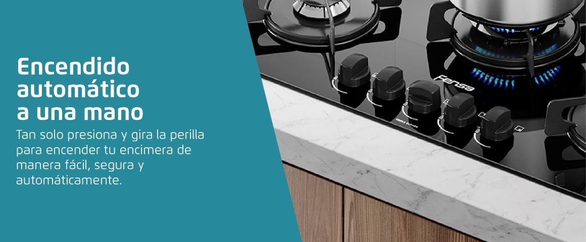 Encendido automático a una mano. Tan solo presiona y gira la perilla para encender tu encimera de manera fácil, segura y automáticamente.
