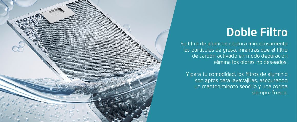 Doble Filtro. Su filtro de aluminio captura minuciosamente las partículas de grasa, mientras que el filtro de carbón activado en modo depuración elimina los olores no deseados.
