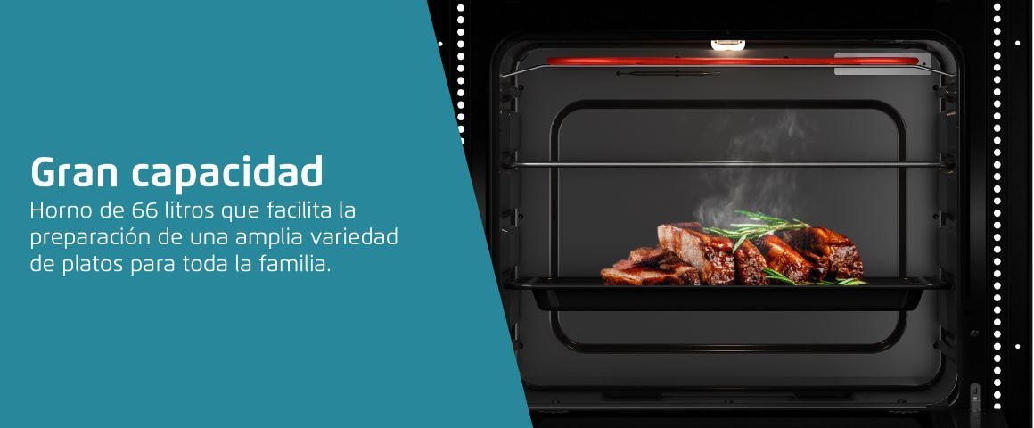 Gran capacidad. Horno de 66 litros que facilita la preparación de una amplia variedad de platos para toda la familia.