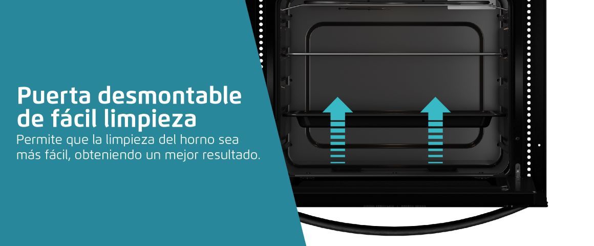 Puerta desmontable de fácil limpieza. Permite que la limpieza del horno sea más fácil, obteniendo un mejor resultado.
