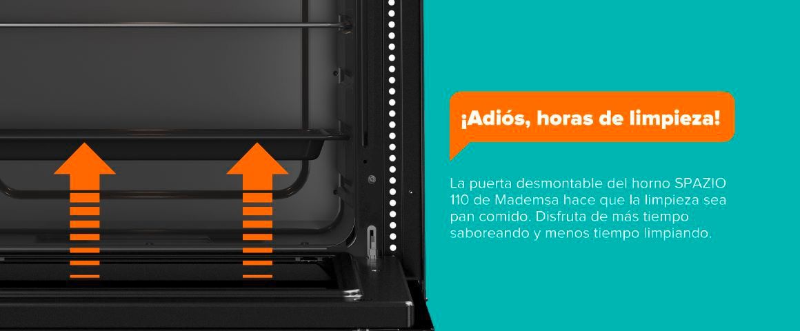 ¡Adiós, horas de limpieza! La puerta desmontable del horno SPAZIO 110 de Mademsa hace que la limpieza sea pan comida. Disfruta de más tiempo saboreando y menos tiempo limpiando.