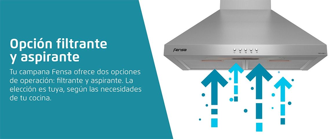 Opciones Filltrante y Aspirante. Tu campana Fensa ofrece dos opciones de operación: filtrante y aspirante. La elección es tuya, según las necesidades de tu cocina. 