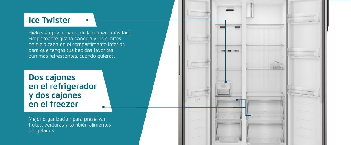 Ice Twister. Y doble cajon en Refrigerador y freezer.
