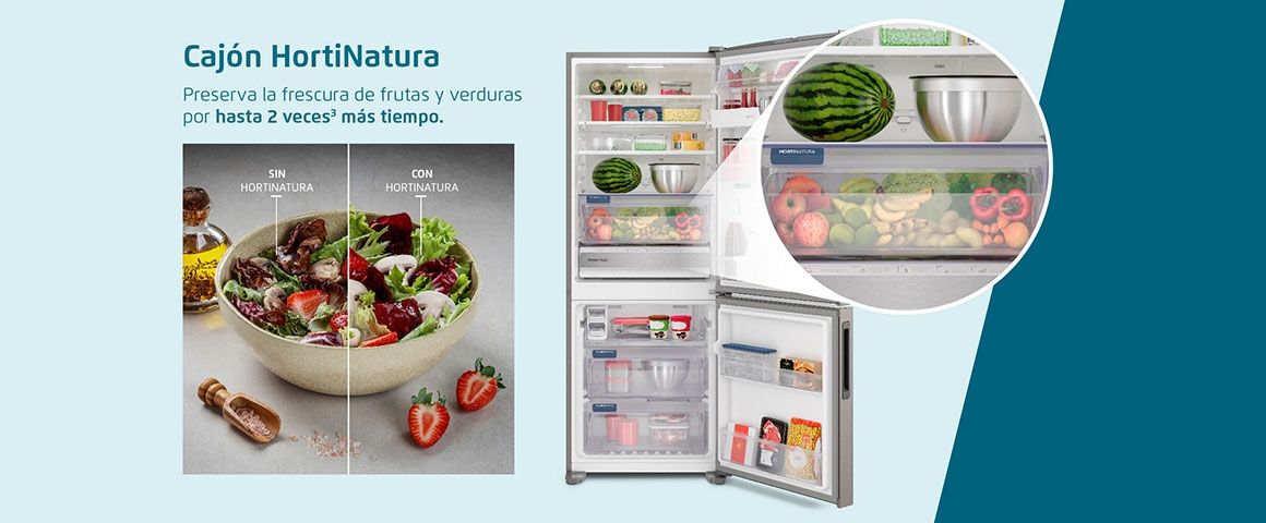 Cajón Hortinatura. Preserva la frescura de frutas y verduras por hasta 2 veces más tiempo. Resultados obtenidos en testeos realizados por la FURB (Universidad Regional de Blumenau) con frutillas, champiñones y lechuga.