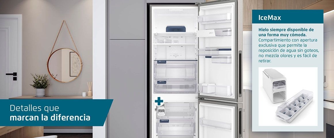 IceMax. Hielo siempre disponible de una forma muy cómoda. Compartimiento con apertura exclusiva que permite la reposición de agua sin goteos, no mezcla olores y es fácil de retirar.