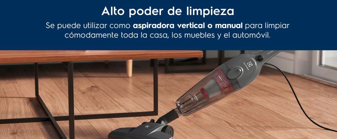 Alto poder de limpieza. Se puede utilizar como aspiradora vertical o manual para limpiar cómodamente toda la casa, los muebles y el automóvil.