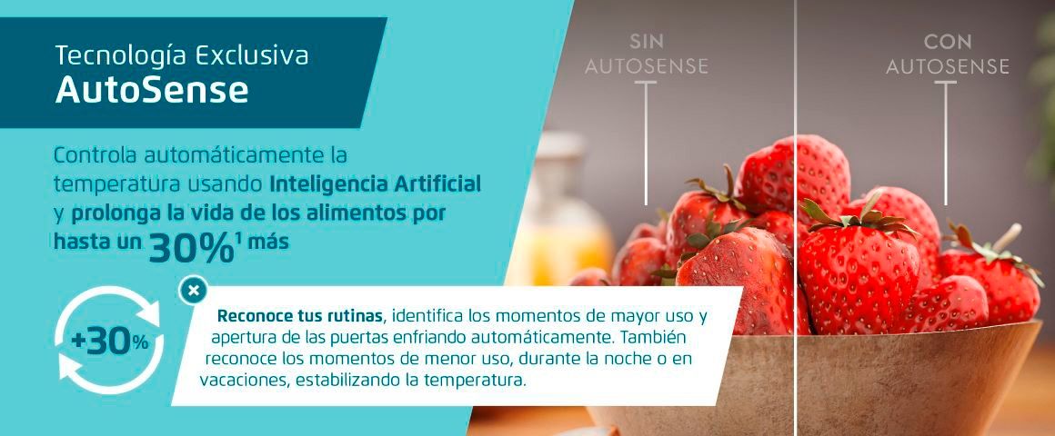 Tecnología Exclusiva AutoSense . Controla automáticamente la temperatura usando Inteligencia Artificial y prolonga la vida de los alimentos por un 30% más. 
