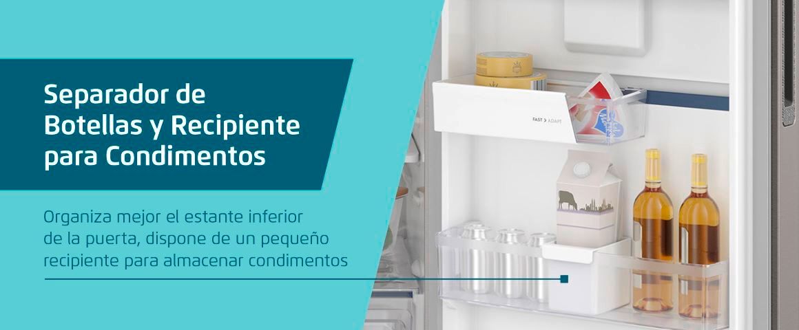 Separador de Botellas y Recipiente para condimentos . Organiza mejor el estante inferior de la puerta, dispone de un pequeño recipiento para almacenar condimientos