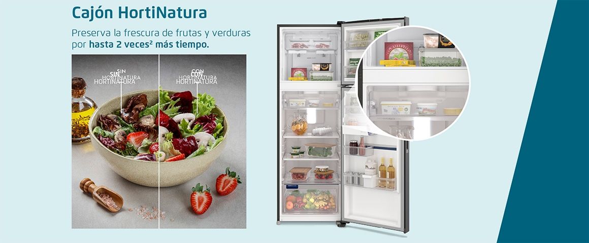 Cajón HortiNatura. Preserva la frescura de frutas y verduras por hasta 2 veces más tiempo.
