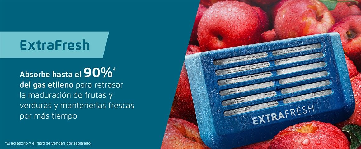 Extra Fresh. Asborbe hasta el 90% del gas etileno para retrasar la maduración de frutas verduras y mantenerlas frescas por más tiempo. 
