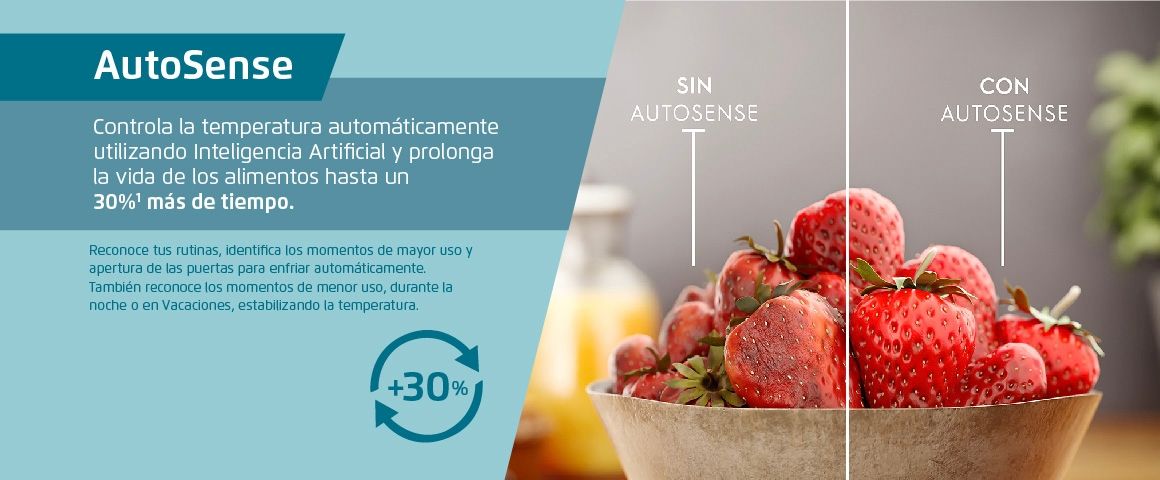 AutoSense. Controla la temperatura automáticamente utilizando Inteligencia Artificial y prolonga la vida de los alimentos hasta un 30% más de tiempo.