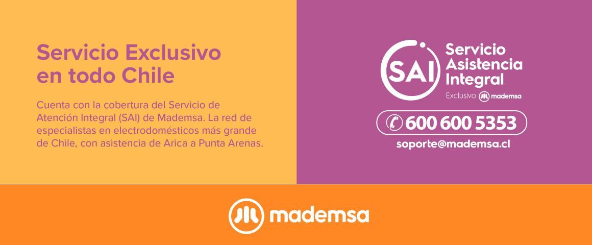Servicio Asistencia Integral (SAI)  600 600 5353  soporte@mademsa.cl. Cuenta con la cobertura del Servicio de Asistencia Integral (SAI) de Mademsa. La red de especialistas en electrodomésticos más grande de Chile, con asistencia de Arica a Punta Arenas. 