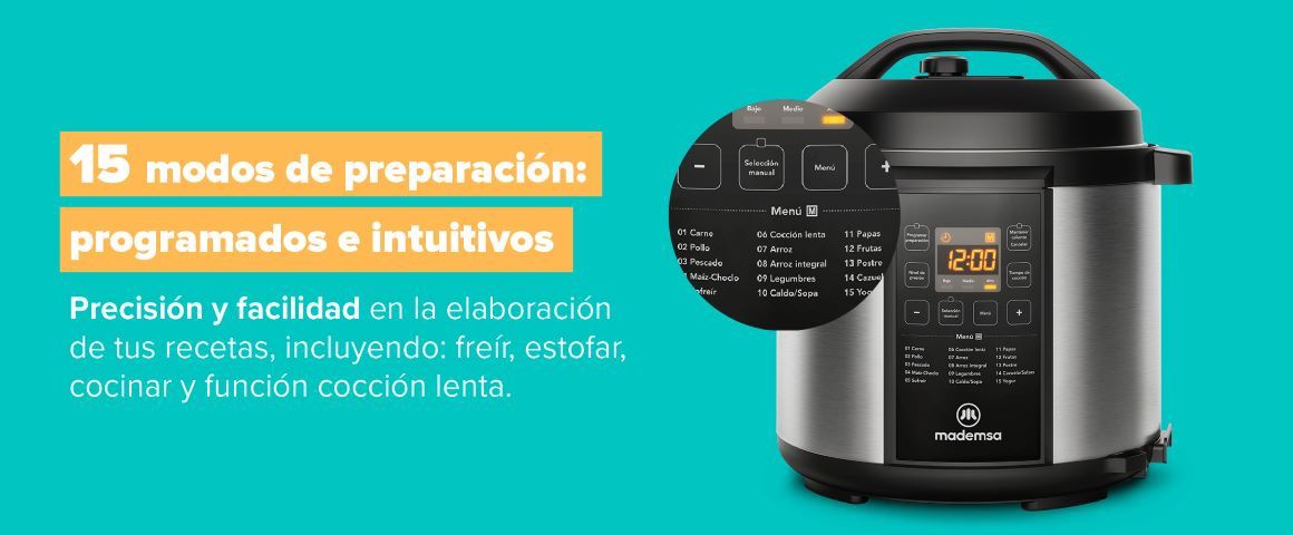 15 modos de preparación: pogramados e intuitivos. Precisión y facilidad en la elaboración de tus recetas, incluyendo: freír, estofar, cocinar y función cocción lenta.