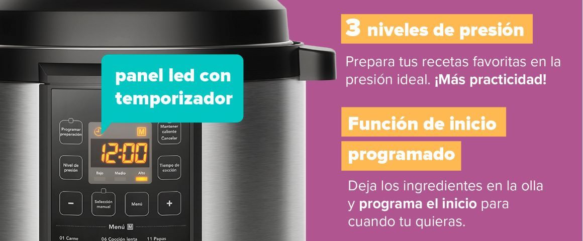 Función de inicio programado. Deja los ingredientes en la olla y programa el inicio para cuando tú quieras (Panel led con temporizador).