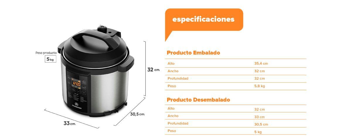 Especificaciones. Producto embalado: Alto 35,4cm, Ancho 32cm, Profundidad: 32cm, Peso 5,8kg. Producto desembalado: Alto 32cm, Ancho 33cm, Profundidad: 30,5cm, Peso 5kg.