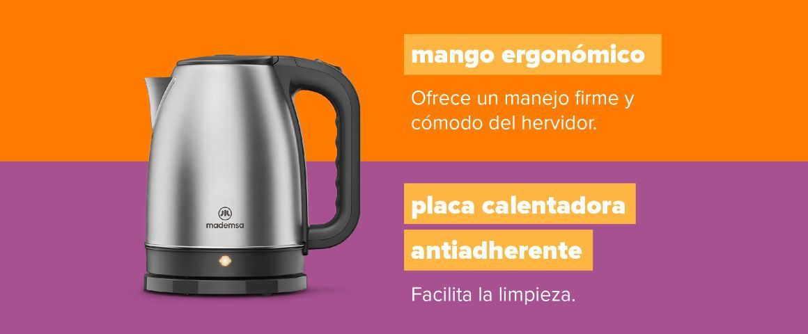 Mango ergonómico y placa calentadora antiadherente. Ofrece un manejo firme y cómodo del hervidor y facilita la limpieza.