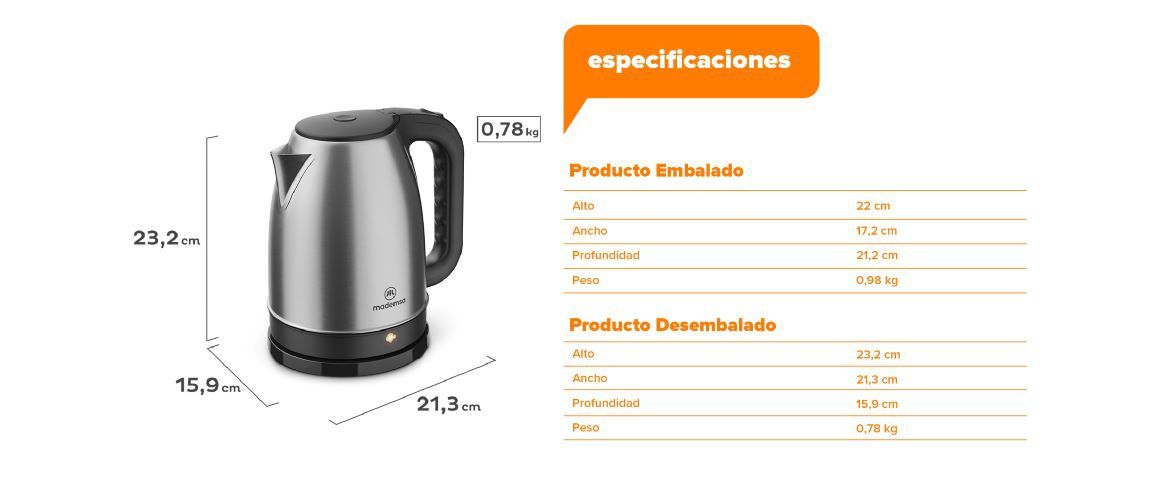 Especificaciones: Producto embalado: Alto 22cm, Ancho 17,2cm, Profundidad: 21,2cm, Peso 0,98kg. Producto desembalado: Alto 23,2cm, Ancho 21,3cm, Profundidad: 15,9cm, Peso 0,78kg.