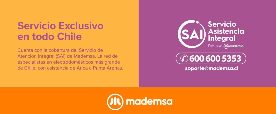 Servicio Asistencia Integral (SAI)  600 600 5353  soporte@mademsa.cl. Cuenta con la cobertura del Servicio de Asistencia Integral (SAI) de Mademsa. La red de especialistas en electrodomésticos más grande de Chile, con asistencia de Arica a Punta Arenas. 