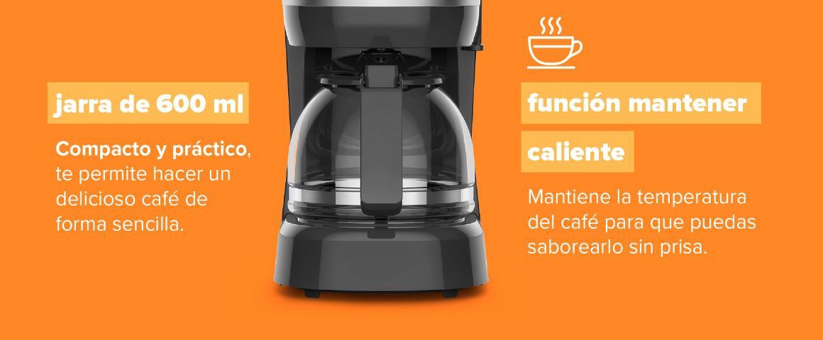 Jarra de 600ml y función mantener caliente. Compacto y práctico, te permite hacer un delicioso café de forma sencilla. Mantiene la temperatura del café para que puedas saborearlo sin prisa.