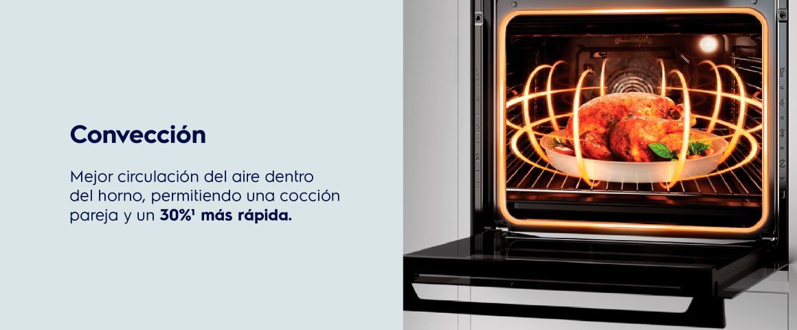 Convección. Mejor circulación del aire dentro del horno, permitiendo una cocción pareja y un 30% más rápida.