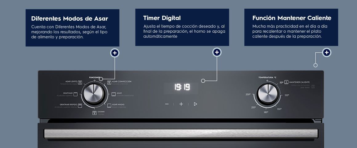 Funciones. Cuenta con Diferentes Modos de Asar, mejorando los resultados, según el tipo de alimento y preparación. Time Digital: ajusta el tiempo de cocción deseado y, al final de la preparación, el horno se apaga automáticamente. Función Mantener Caliente: mucha más practicidad en el día a día para recalentar o mantener el plato caliente después de la preparación.