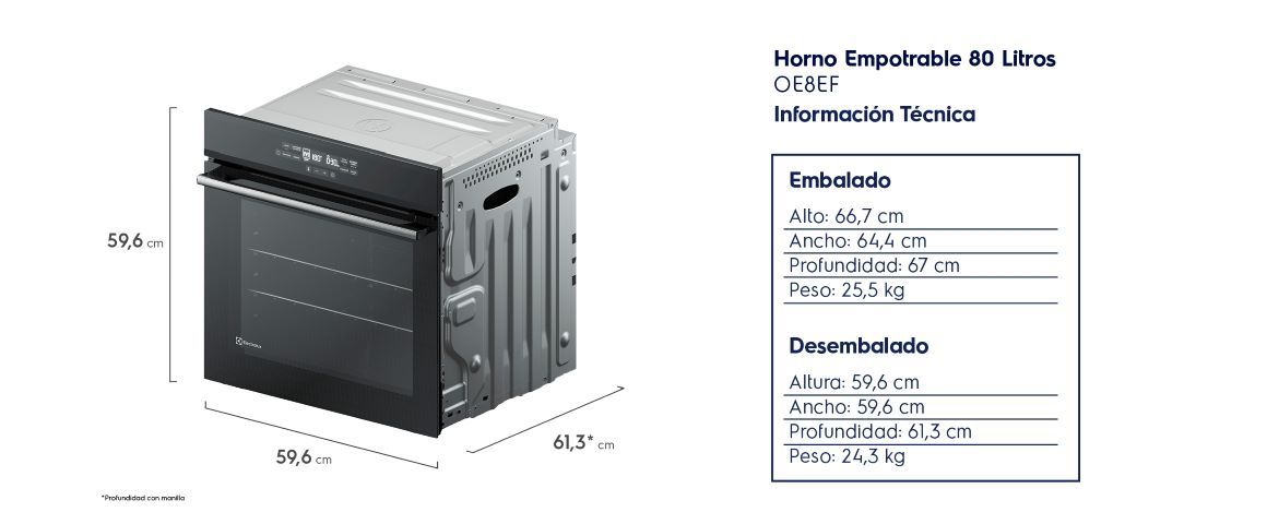 Información Técnica. Embalado: Alto 66,7cm, Ancho 64,4cm, Profundidad: 67cm, Peso 25,5kg. Desembalado: Alto 59,6cm, Ancho 59,6cm, Profundidad: 61,3cm, Peso 24,3kg.