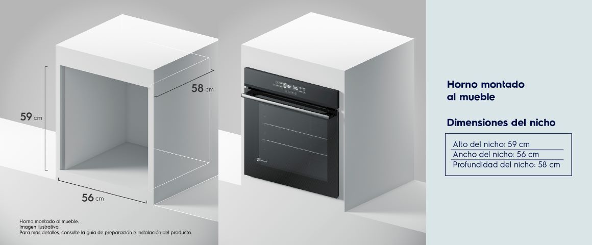 Horno montado al mueble. Dimensiones del nicho: Alto 59cm, Ancho 56cm, Profundidad: 58cm.