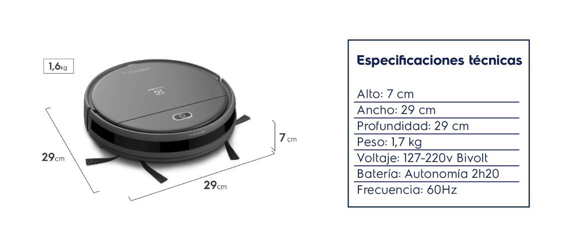 Especificaciones técnicas. Alto 7cm, Ancho 29cm, Profundidad: 29cm, Peso 1,7kg, Voltaje 127-220v Bivolt, Batería autonomía 2h20, Frecuencia 60Hz.
