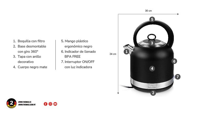 Hervidor Negro Mate 2.5 lts TH-6510N