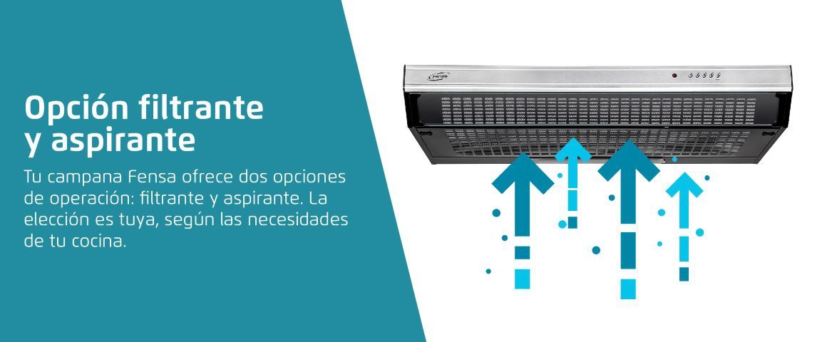 Opción filtrante y aspirante. Tu campaña Fensa ofrece dos opciones de operación: filtrante y aspirante. La elección es tuya, según las necesidades de tu cocina.