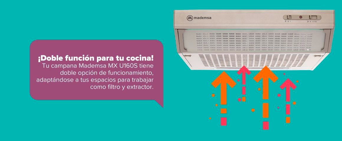 ¡Doble función para tu cocina! Tu campana Mademsa MX U160S tiene doble opción de funcionamiento, adaptándose a tus espacios para trabajar como filtro y extractor.