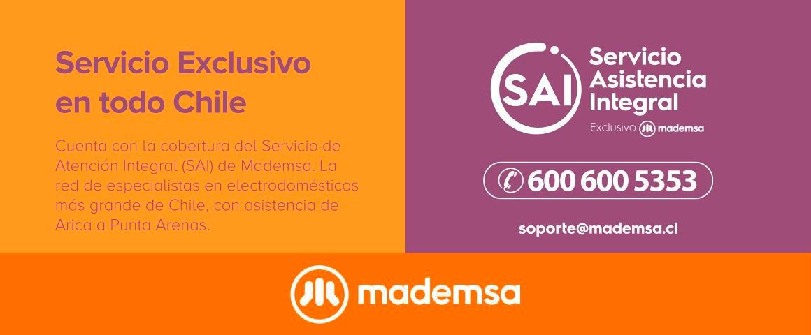 Servicio Asistencia Integral. Cuenta con la cobertura del Servicio de Atención Integral (SAI) de Mademsa. La red de especialistas en electrodomésticos más grande de Chile, con asistencia de Arica a Punta Arenas.