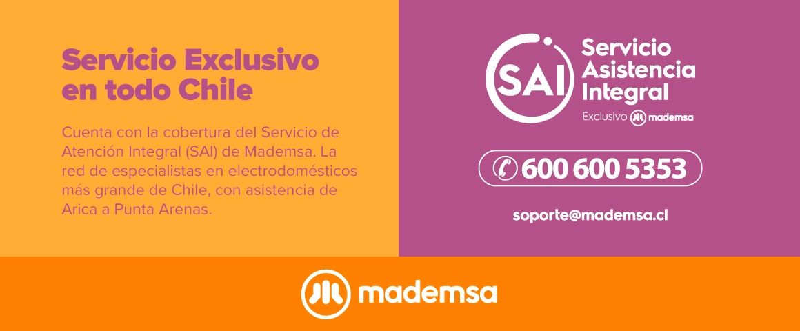 Servicio Exclusivo en todo Chile. Cuenta con la cobertura del Servicio de Atención Integral (SAI) de Mademsa. La red de especialistas en electrodomésticos más grande de Chile, con asistencia de Arica a Punta Arenas
