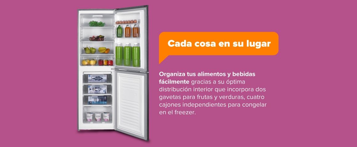 Cada cosa en su lugar. Organiza tus alimentos y bebidas fácilmente gracias a su óptima distribución interior que incorpora dos gavetas para frutas y verduras, cuatro cajones independientes para congelar en el freezer