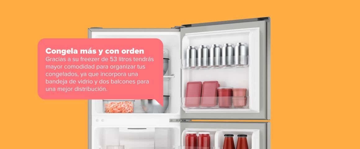 Congela más y con orden. Gracias a su freezer de 53 litros tendrás mayor comodidad para organizar tus congelados, ya que incorpora una bandeja de vidrio y dos balcones para una mejor distribución