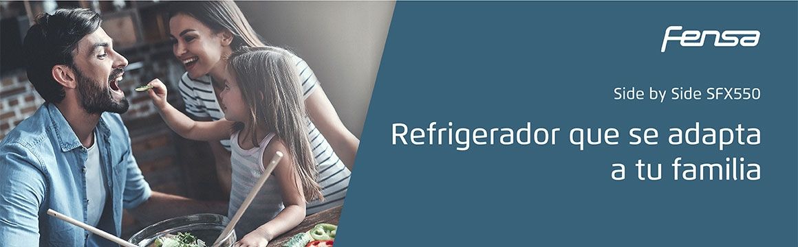 Conoce el refrigerador Fensa Side by Side SFX550 y disfruta de mayor comodidad y espacio en su interior. ¡Organiza y distribuye tus alimentos y bebidas como quieras!