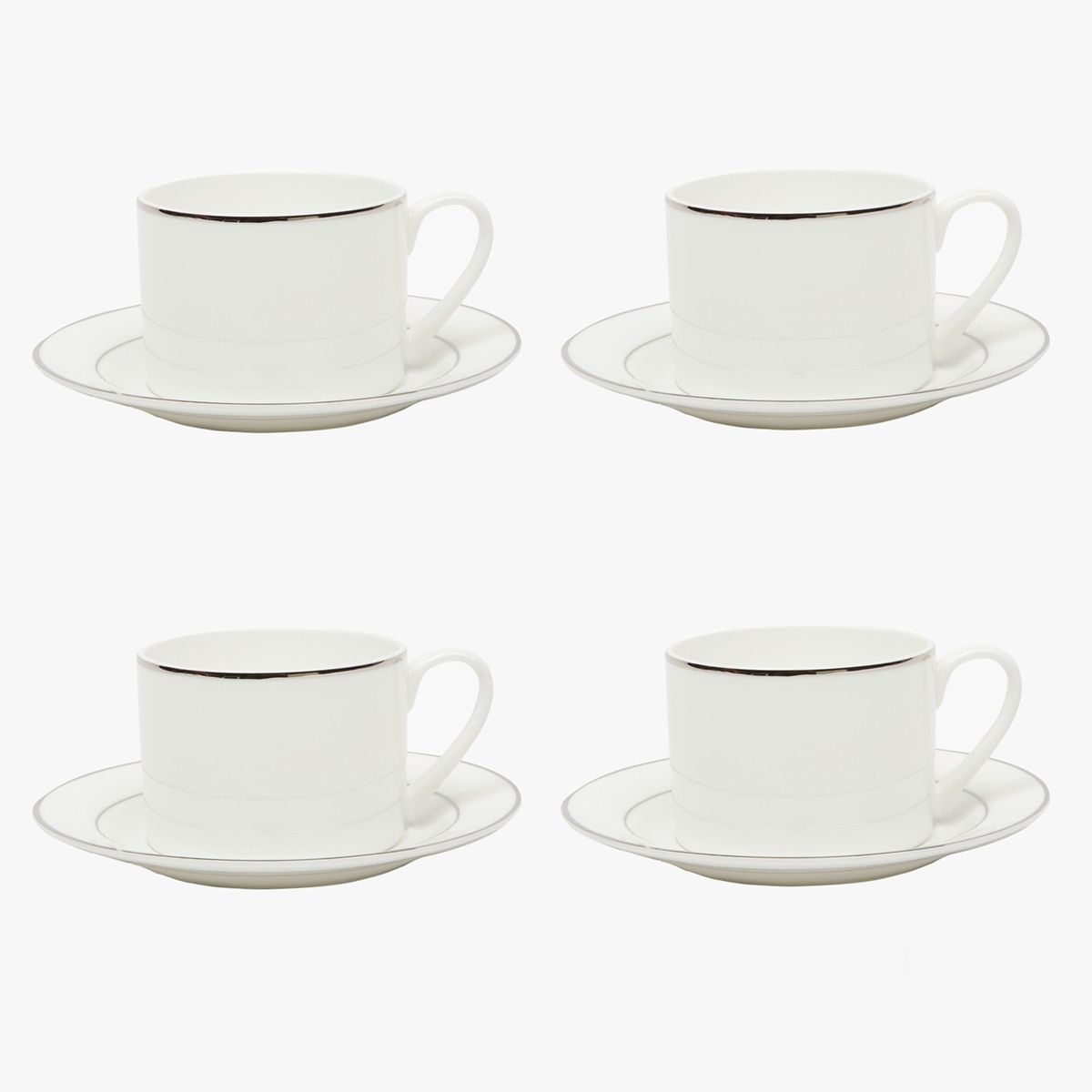 FLORENCIA - Set 4 Tazas Té 258 ml con plato Borde Plateado Florencia