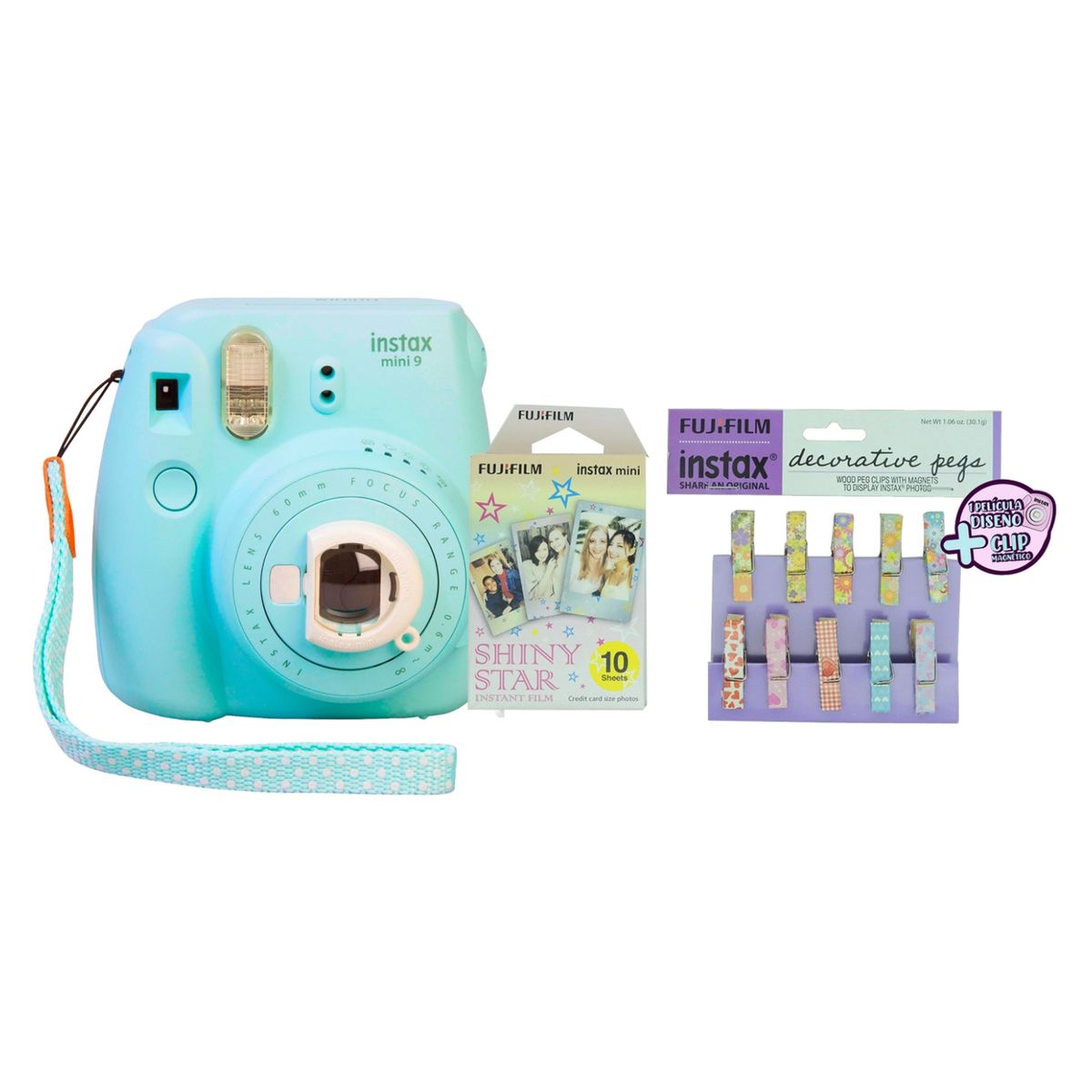 FUJI - Combo Cámara Instantánea Intax mini 9 Blue + Película Intax Mini x 10 F DISEÑO + 1 Set Clip Magnético