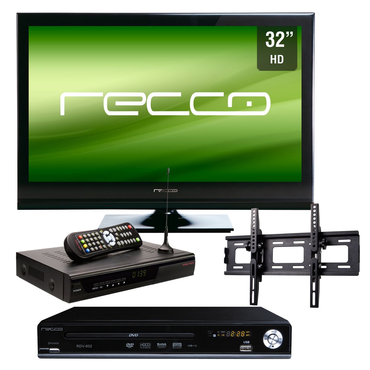  - Combo  LCD RLCD-32M11 32 Pulgadas + Decodificador Micron 2600 + DVD Recco RDV602 + Soporte Macrotel