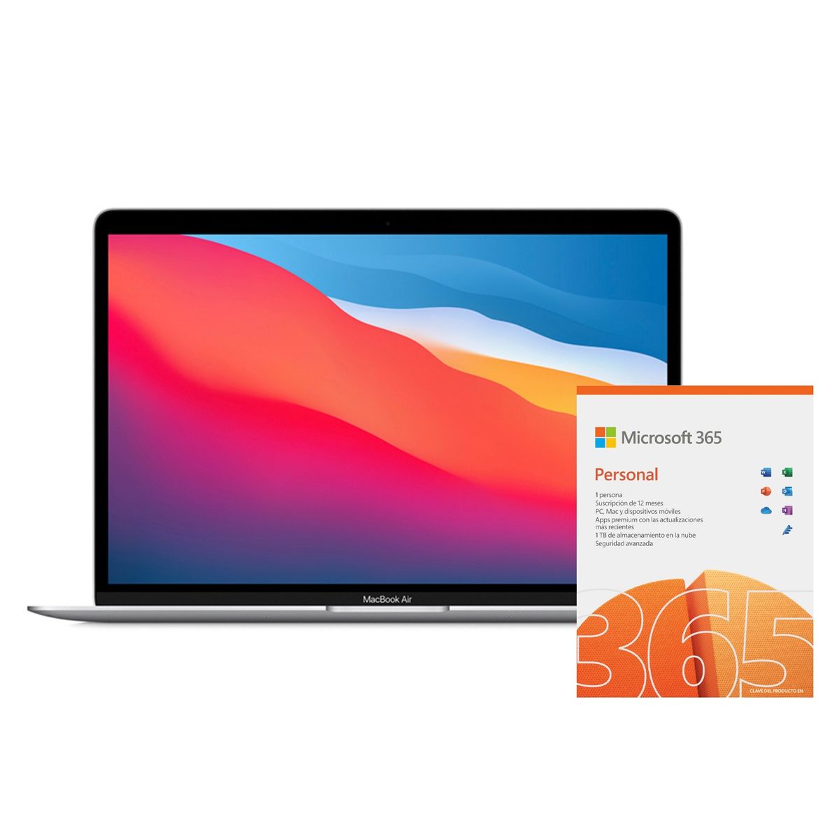 APPLE - Apple MacBook Air Silver (13" con Chip M1 CPU 8 núcleos y GPU 7 núcleos, 8GB RAM, 256 GB SSD) + Microsoft 365 Personal (1 Persona, Suscripción 12 Meses, Word, Excel, Power Point, Outlook, Onedrive, Seguridad)