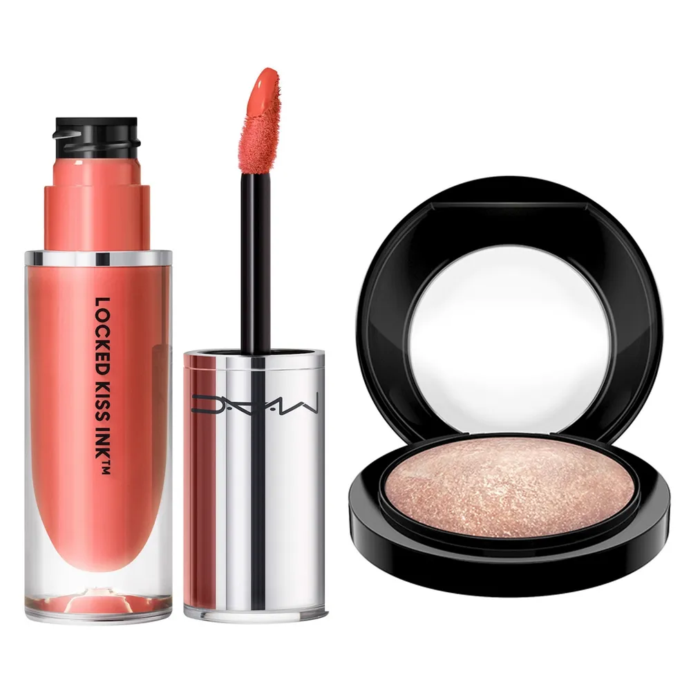 Set Glossy Glow Polvos Compactos Mineralize Skinfinish + Labial M·A·C Locked Kiss Ink 24Hr Lipcolour Mac Cosmetics, foto 2