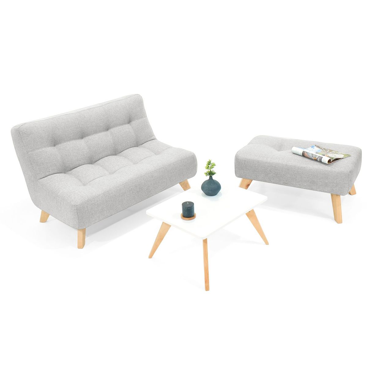 MICA - Juego de Sala Moderno en Tela (Sofá + Puff + Mesa de Centro) Nantes Prato Mica