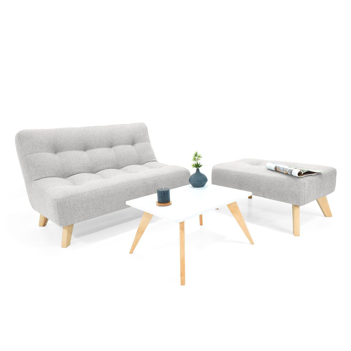 MICA - Juego de Sala Moderno en Tela (Sofá + Puff + Mesa de Centro) Nantes Prato Mica