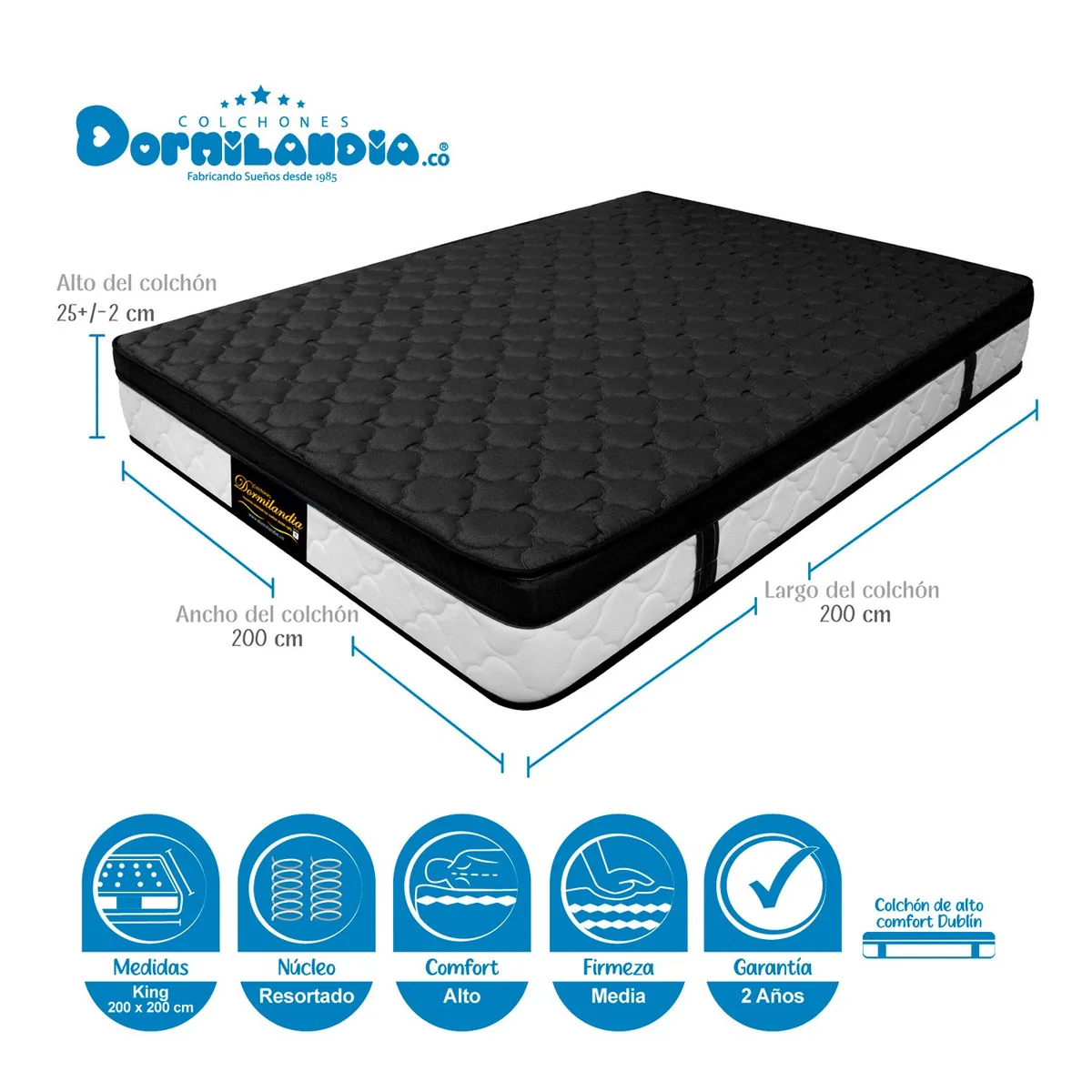 DORMILANDIA - Colchón King Firmeza Media Ortopédico Resortado con Pillow Dublín 200 x 200 cm Dormilandia